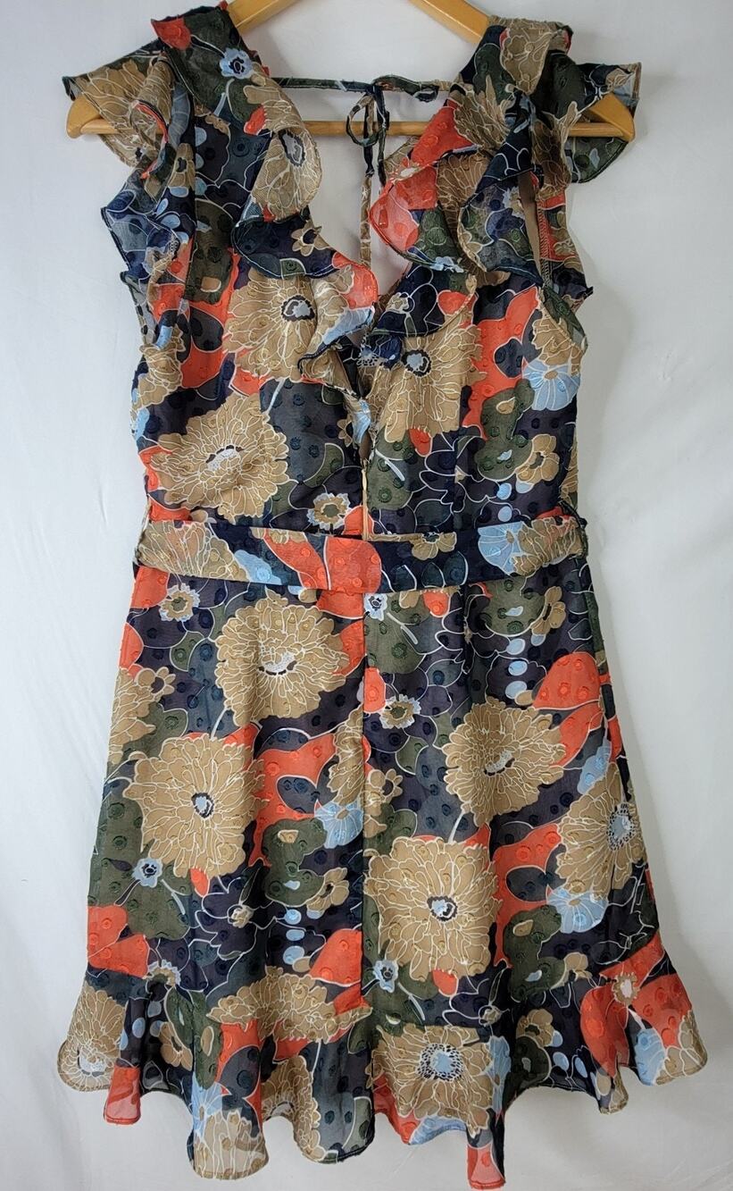 Cottagecore Mini Dress L Ruffled Sleevesless Colorful Floral Back Zip Tie Party